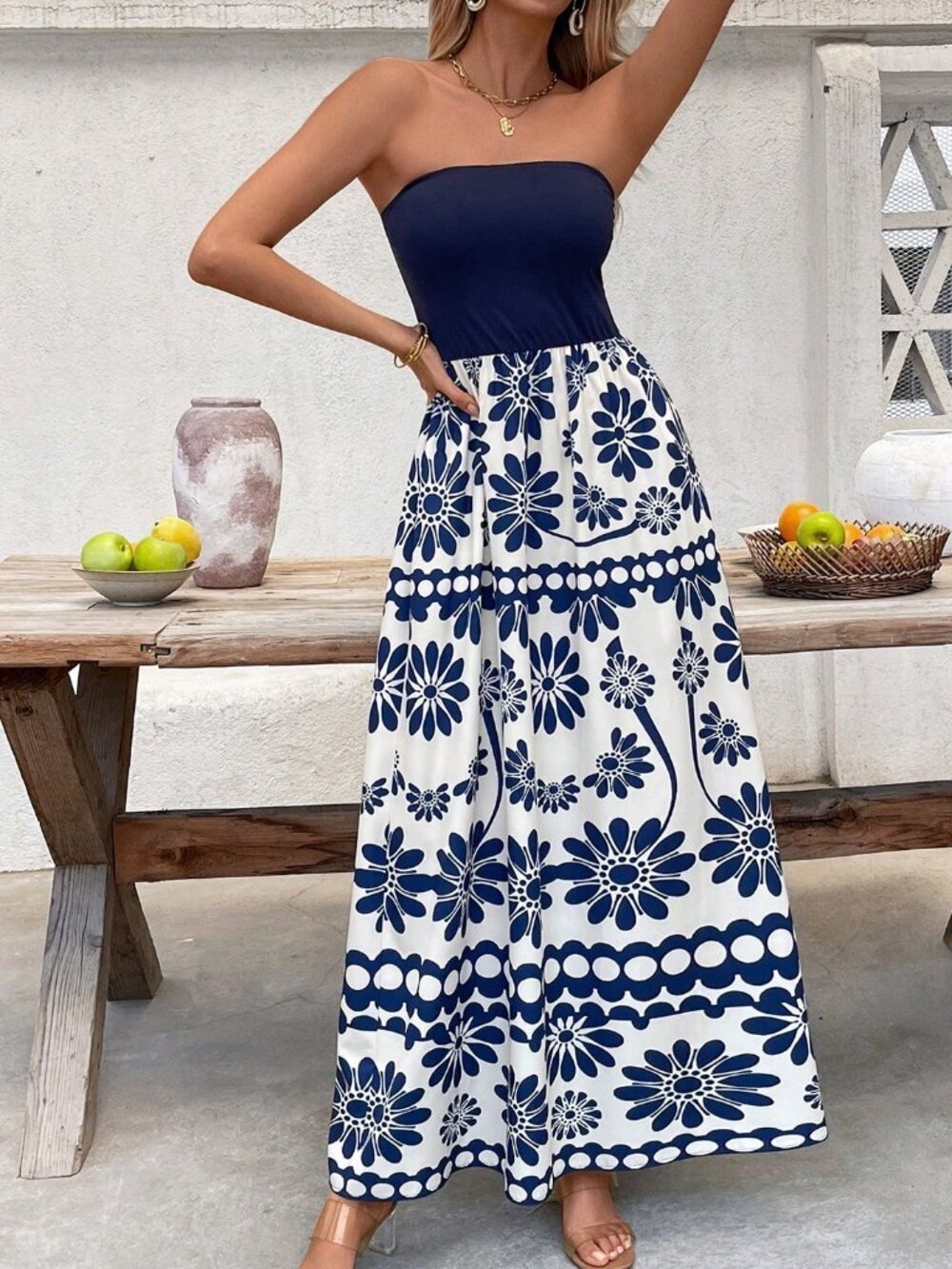 Blue Boho Women's Strapless Long Floral Dress - Picture 3 of 7